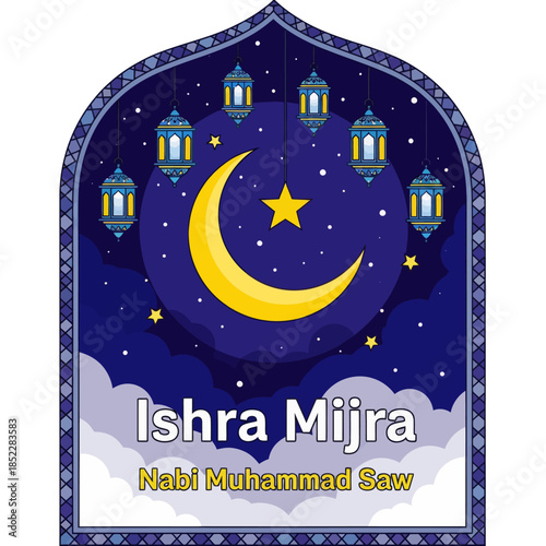 Isra Mi'raj illustration featuring crescent moon, star, hanging lanterns, and night sky. Islamic religious background celebrating the Prophet Muhammad’s night journey for spiritual and holy designs.