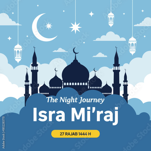 Isra Mi'raj night journey illustration with mosque silhouette, crescent moon, lanterns, and clouds. Islamic religious celebration background for holy events, Ramadan themes, and spiritual designs.