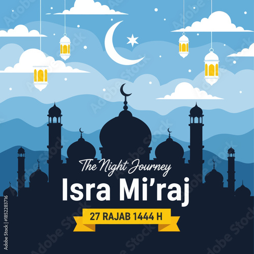 Isra Mi'raj night journey illustration with mosque silhouette, crescent moon, lanterns, and clouds. Islamic religious celebration background for holy events, Ramadan themes, and spiritual designs.