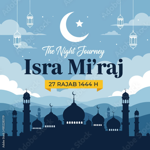 Isra Mi'raj night journey illustration with mosque silhouette, crescent moon, lanterns, and clouds. Islamic religious celebration background for holy events, Ramadan themes, and spiritual designs.
