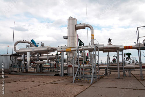 Pipes and caps for pipelines leading from oil and gas fields to storage tanks, energy self-sufficiency concept, global market forecast concept