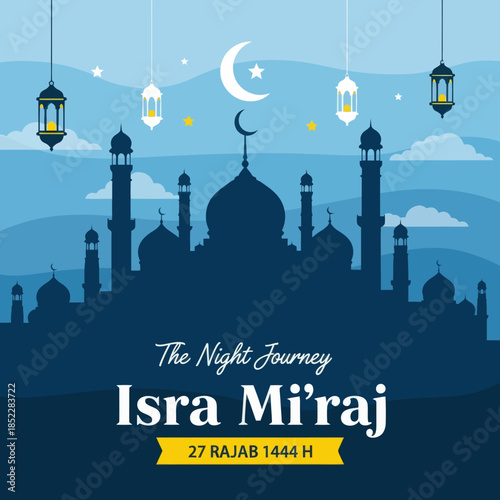 Isra Mi'raj night journey illustration with mosque silhouette, crescent moon, lanterns, and clouds. Islamic religious celebration background for holy events, Ramadan themes, and spiritual designs.