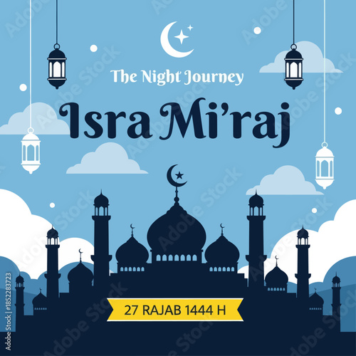 Isra Mi'raj night journey illustration with mosque silhouette, crescent moon, lanterns, and clouds. Islamic religious celebration background for holy events, Ramadan themes, and spiritual designs.