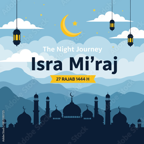 Isra Mi'raj night journey illustration with mosque silhouette, crescent moon, lanterns, and clouds. Islamic religious celebration background for holy events, Ramadan themes, and spiritual designs.