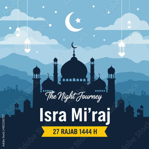 Isra Mi'raj night journey illustration with mosque silhouette, crescent moon, lanterns, and clouds. Islamic religious celebration background for holy events, Ramadan themes, and spiritual designs.