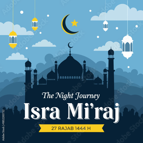 Isra Mi'raj night journey illustration with mosque silhouette, crescent moon, lanterns, and clouds. Islamic religious celebration background for holy events, Ramadan themes, and spiritual designs.