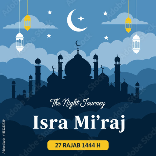 Isra Mi'raj night journey illustration with mosque silhouette, crescent moon, lanterns, and clouds. Islamic religious celebration background for holy events, Ramadan themes, and spiritual designs.