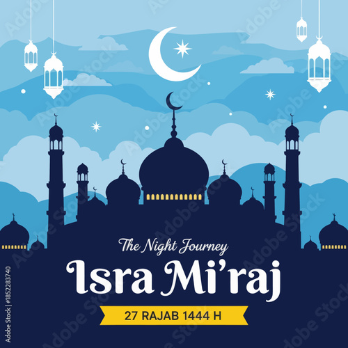 Isra Mi'raj night journey illustration with mosque silhouette, crescent moon, lanterns, and clouds. Islamic religious celebration background for holy events, Ramadan themes, and spiritual designs.