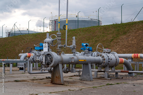 Pipes and caps for pipelines leading from oil and gas fields to storage tanks, energy self-sufficiency concept, global market forecast concept