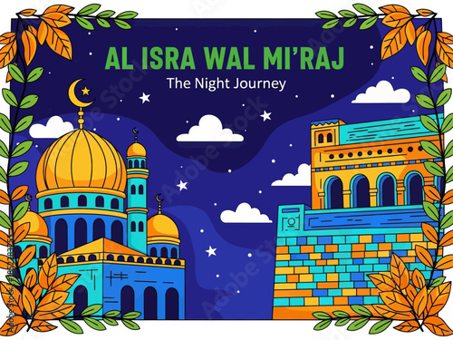 Islamic illustration of Al Isra Wal Mi’raj, depicting mosque architecture under a starry night sky, symbolizing the Night Journey, faith, spirituality, and Muslim religious celebration.