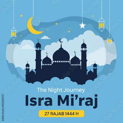 Isra Mi'raj night journey illustration with mosque silhouette, crescent moon, lanterns, and clouds. Islamic religious celebration background for holy events, Ramadan themes, and spiritual designs.