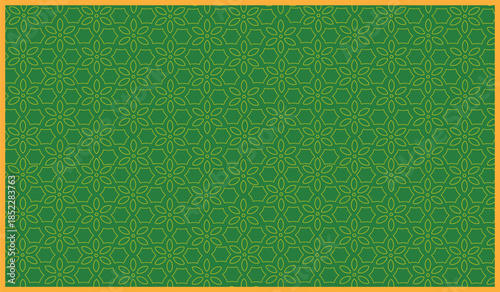 This image presents a repeating Islamic geometric pattern with floral motifs in golden lines on a rich green background, framed by a yellow border, creating a decorative surface suitable for cultural,