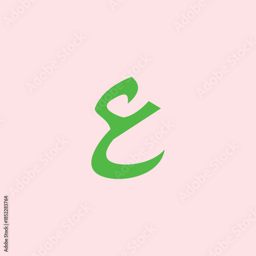 Green Arabic letter Ain displayed in a bold calligraphic style on a soft pink background, featuring smooth curves and a minimalist design suitable for educational or design purposes.