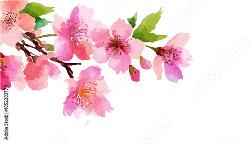 투명한 배경에 흩날리는 벚꽃잎의 아름다운 수채화 일러스트