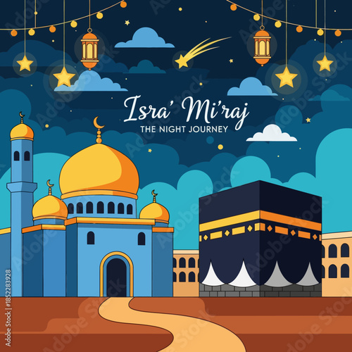 Isra Mi'raj illustration featuring mosque and Kaaba under a starry night sky with lanterns and crescent moon. Ideal for Islamic holiday, religious celebration, Ramadan, and spiritual event designs.