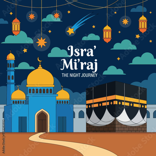 Isra Mi'raj illustration featuring mosque and Kaaba under a starry night sky with lanterns and crescent moon. Ideal for Islamic holiday, religious celebration, Ramadan, and spiritual event designs.