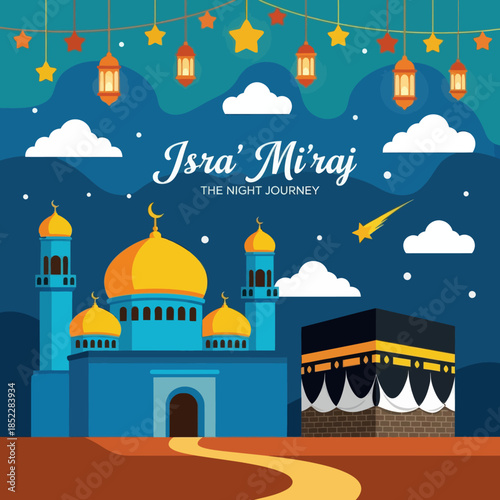 Isra Mi'raj illustration featuring mosque and Kaaba under a starry night sky with lanterns and crescent moon. Ideal for Islamic holiday, religious celebration, Ramadan, and spiritual event designs.