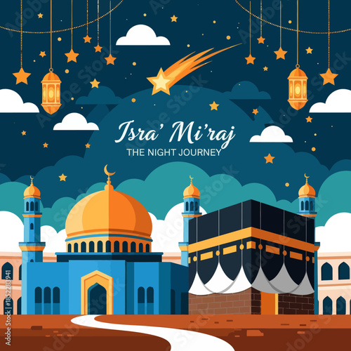 Isra Mi'raj illustration featuring mosque and Kaaba under a starry night sky with lanterns and crescent moon. Ideal for Islamic holiday, religious celebration, Ramadan, and spiritual event designs.