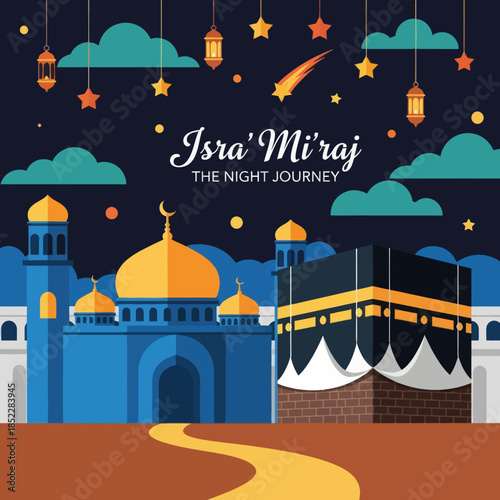 Isra Mi'raj illustration featuring mosque and Kaaba under a starry night sky with lanterns and crescent moon. Ideal for Islamic holiday, religious celebration, Ramadan, and spiritual event designs.