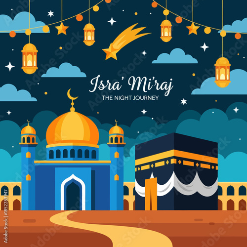 Isra Mi'raj illustration featuring mosque and Kaaba under a starry night sky with lanterns and crescent moon. Ideal for Islamic holiday, religious celebration, Ramadan, and spiritual event designs.