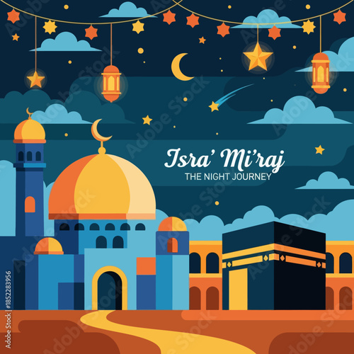 Isra Mi'raj illustration featuring mosque and Kaaba under a starry night sky with lanterns and crescent moon. Ideal for Islamic holiday, religious celebration, Ramadan, and spiritual event designs.