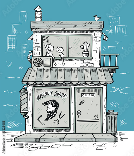 Cartoon-style illustration of a barbershop facade.