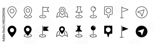 Set of map pin location icons in outline and solid style. Location pin place marker. Vector illustration.