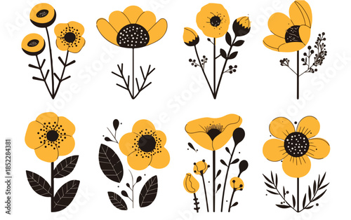 다양한 노란색 꽃들의 일러스트 모음, 투명한 배경에 그려진 심플하고 귀여운 디자인