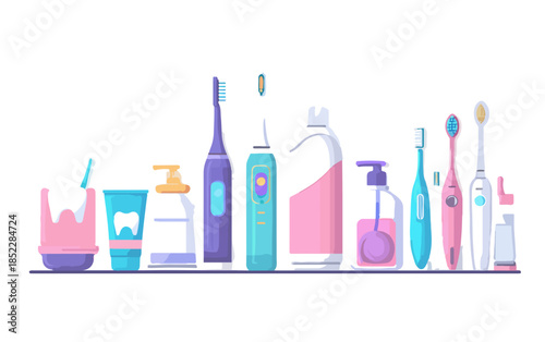 다양한 구강 위생 용품들이 투명한 배경에 가지런히 놓여 있는 모습