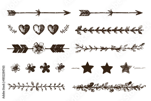 빈티지 스타일의 화살표, 하트, 꽃, 별, 나뭇가지 장식 요소들로 구성된 투명 배경의 일러스트