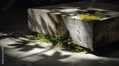 Rough concrete block with moss growth under dramatic sunlight and leaf shadows