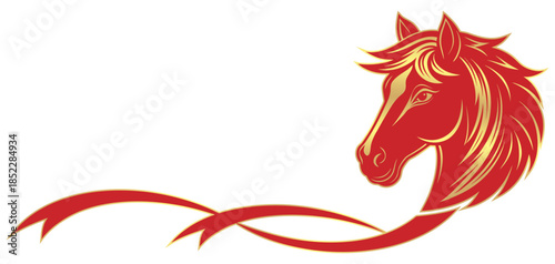 Red and golden chinese horse shio of vector illustration with ribbon