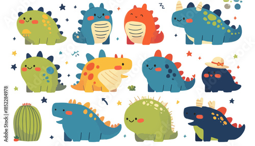 귀엽고 다채로운 공룡 캐릭터 일러스트 모음, 어린이 교육 및 디자인에 활용 가능