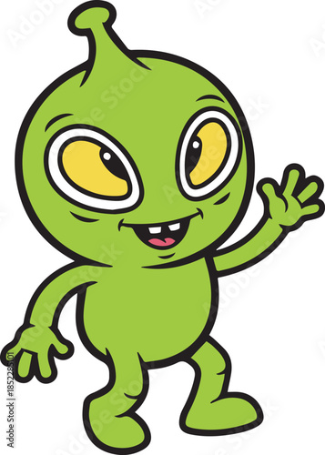 Cute Little Green Alien Waving Hello Mascot Character Illustration