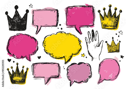다양한 왕관과 말풍선 모양의 손그림 일러스트 세트, 투명한 배경에 귀엽고 독특한 디자인