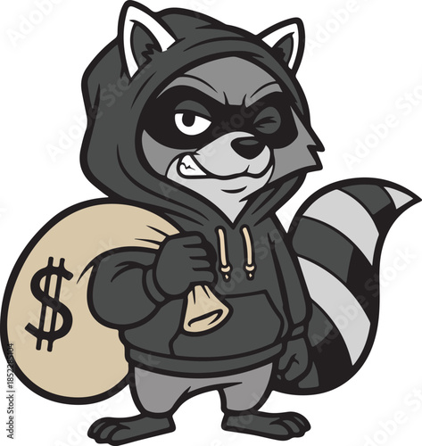 Cool Cartoon Raccoon Bandit Wearing Hoodie and Holding Money Bag Vector Illustration
