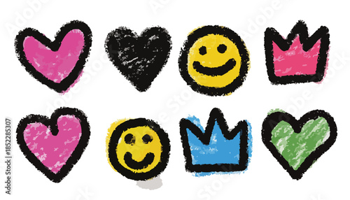 다양한 색상의 귀여운 손글씨 하트, 웃는 얼굴, 왕관 아이콘 세트, 투명한 배경에 분리됨