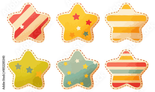다양한 패턴과 색상의 귀여운 별 모양 스티커 6개 세트, 투명한 배경에 분리됨