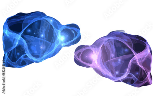 두 개의 추상적이고 투명한 에너지 구름이 흰색 배경에 떠 있으며, 각각 다른 색상으로 빛나고 있습니다.