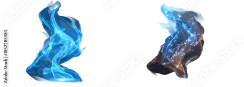 푸른색과 어두운 색상의 투명한 불꽃 효과가 흰색 배경에 나란히 배치되어 있습니다.