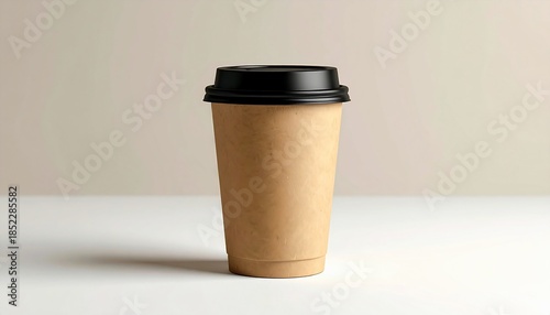 A tall, brown paper cup with a black lid rests on a white surface, lit by soft light
