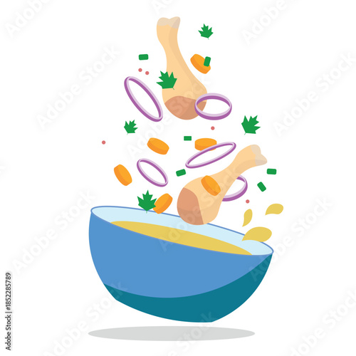 Chicken soup on a white background. soup ingredients fly into the plate