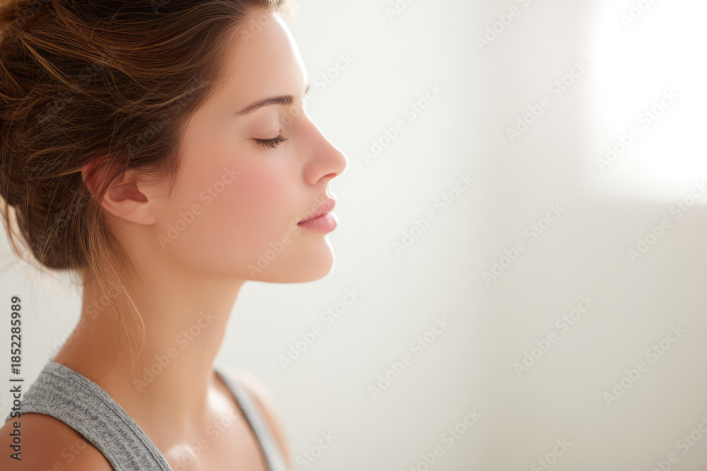 Naklejka premium Beautiful young woman with closed eyes enjoying peaceful winter morning yoga routine indoors feeling calm serenity during meditation wellness exercise health lifestyle