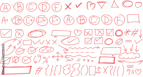 Collection of hand drawn red ink grading symbols, check marks, arrows, and abstract doodle elements.