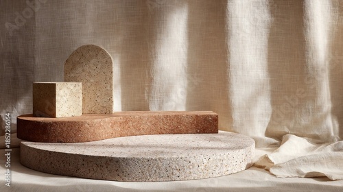 Minimalist display podiums featuring geometric terrazzo shapes against a textured light linen background