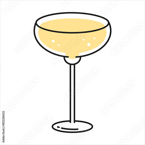Minimal vector illustration of a champagne cocktail glass with yellow sparkling drink. Simple line style icon isolated on white background for celebration, party, bar, and festive design concept