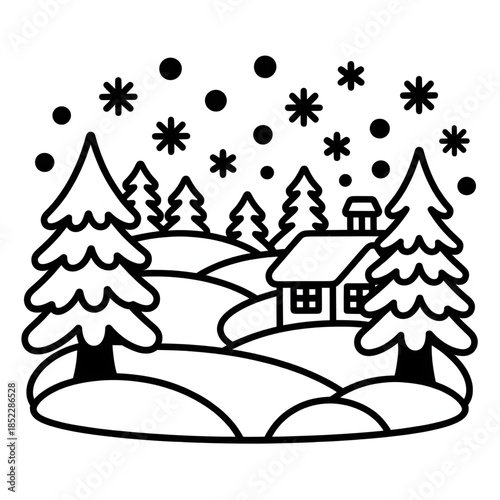 Winter Landscape with Snowy Trees and House – Black and White Line Art