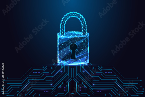 Cybersecurity low-poly padlock above circuit board for digital protection and privacy, vector