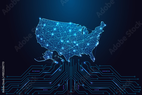 Low-poly digital USA map with glowing network connections above circuit board, vector