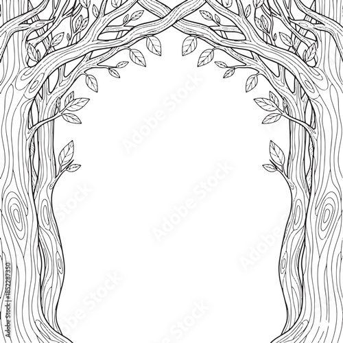 Decorative Tree Branch Border Frame With Vines And Leaves Black And White Line Art Sketch For Coloring Book
